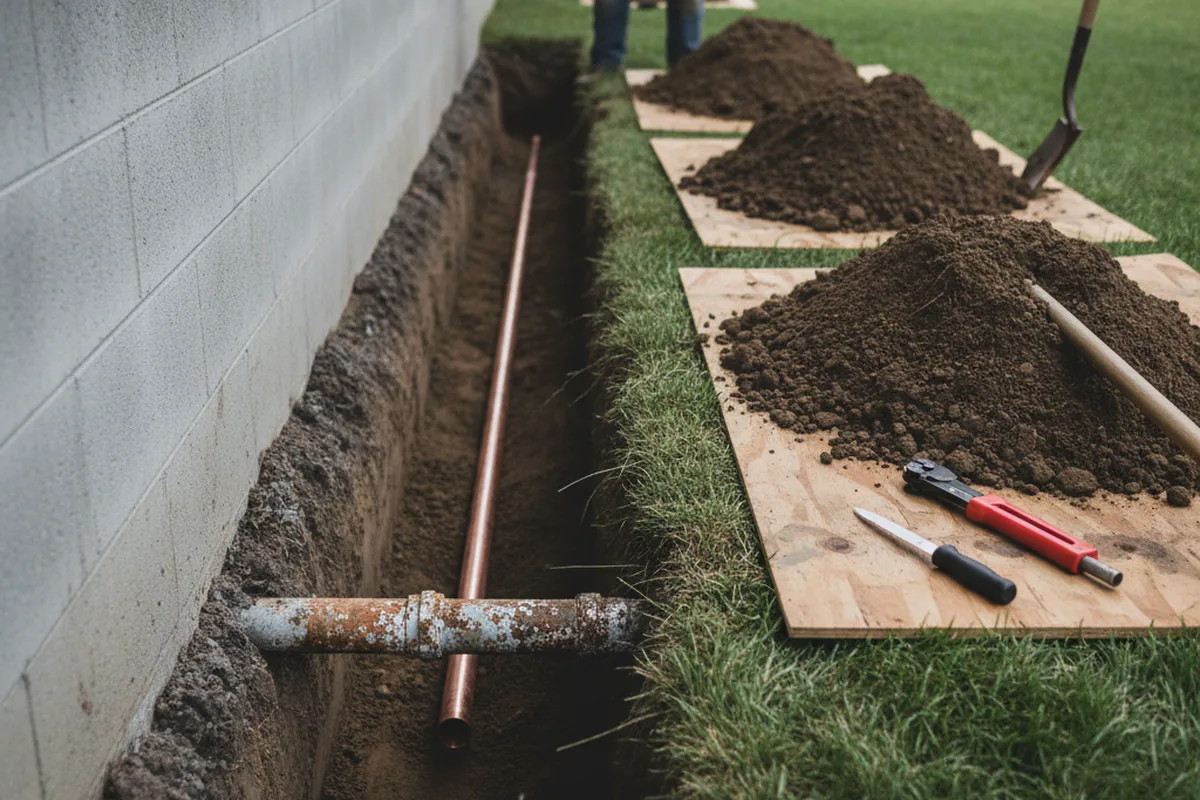 Excavated water line trench during Water Softener Installation in Rocky